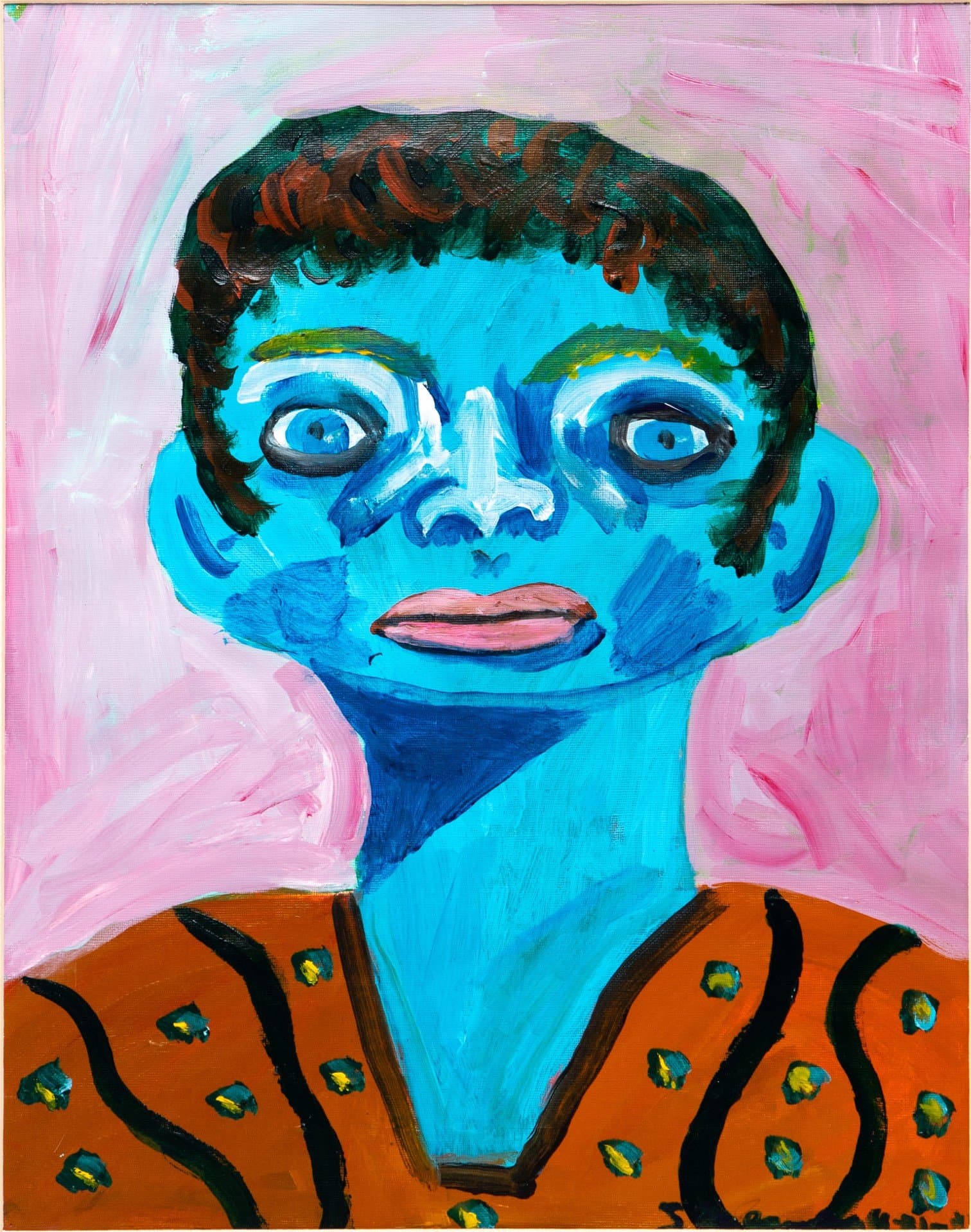 Portrait painting of a figure with bright blue skin, dark hair, and orange patterned clothing against pink background