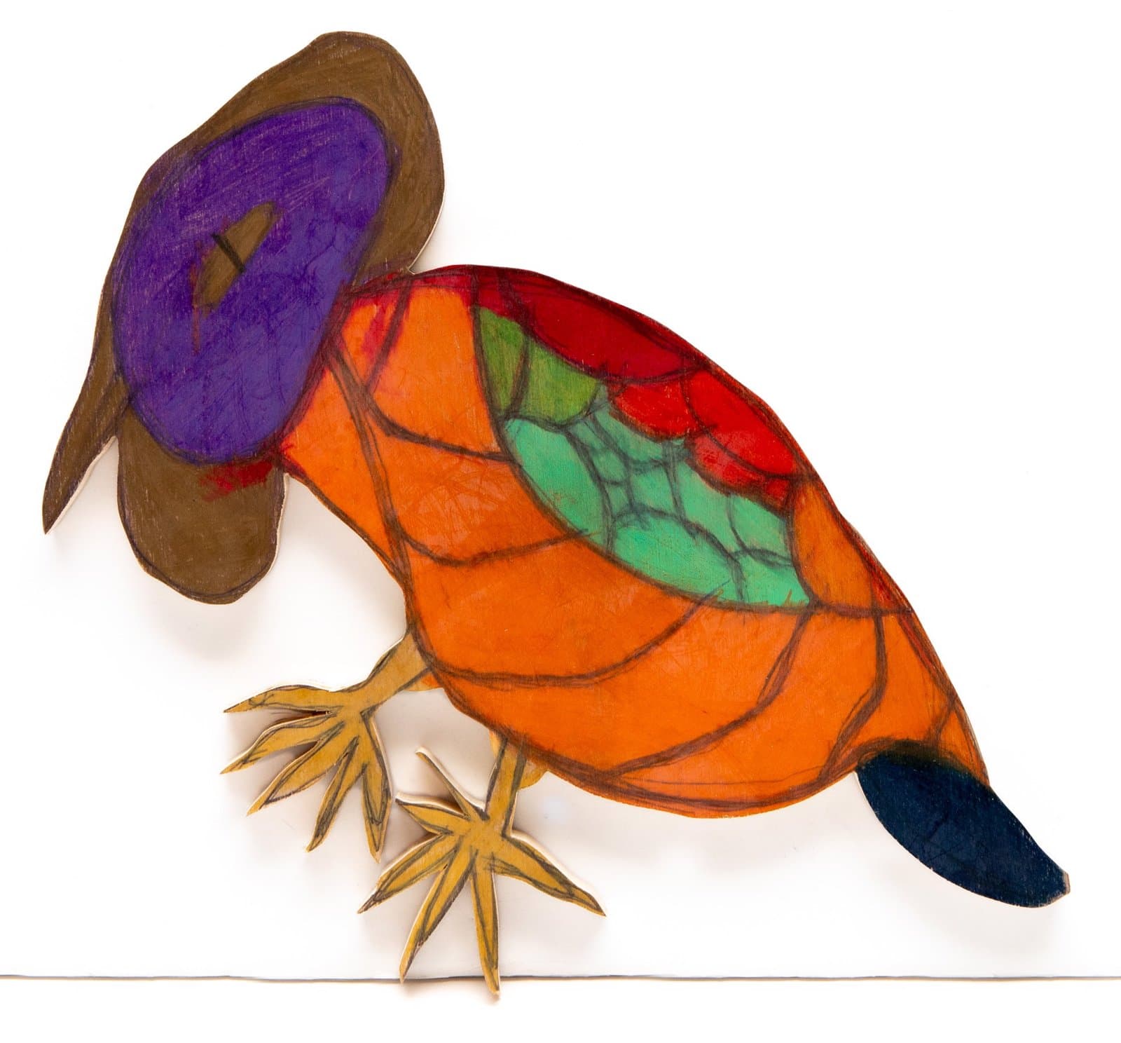 Colorful drawing of a turtle on wood with orange shell, purple head, and yellow feet rendered in Prismastix.