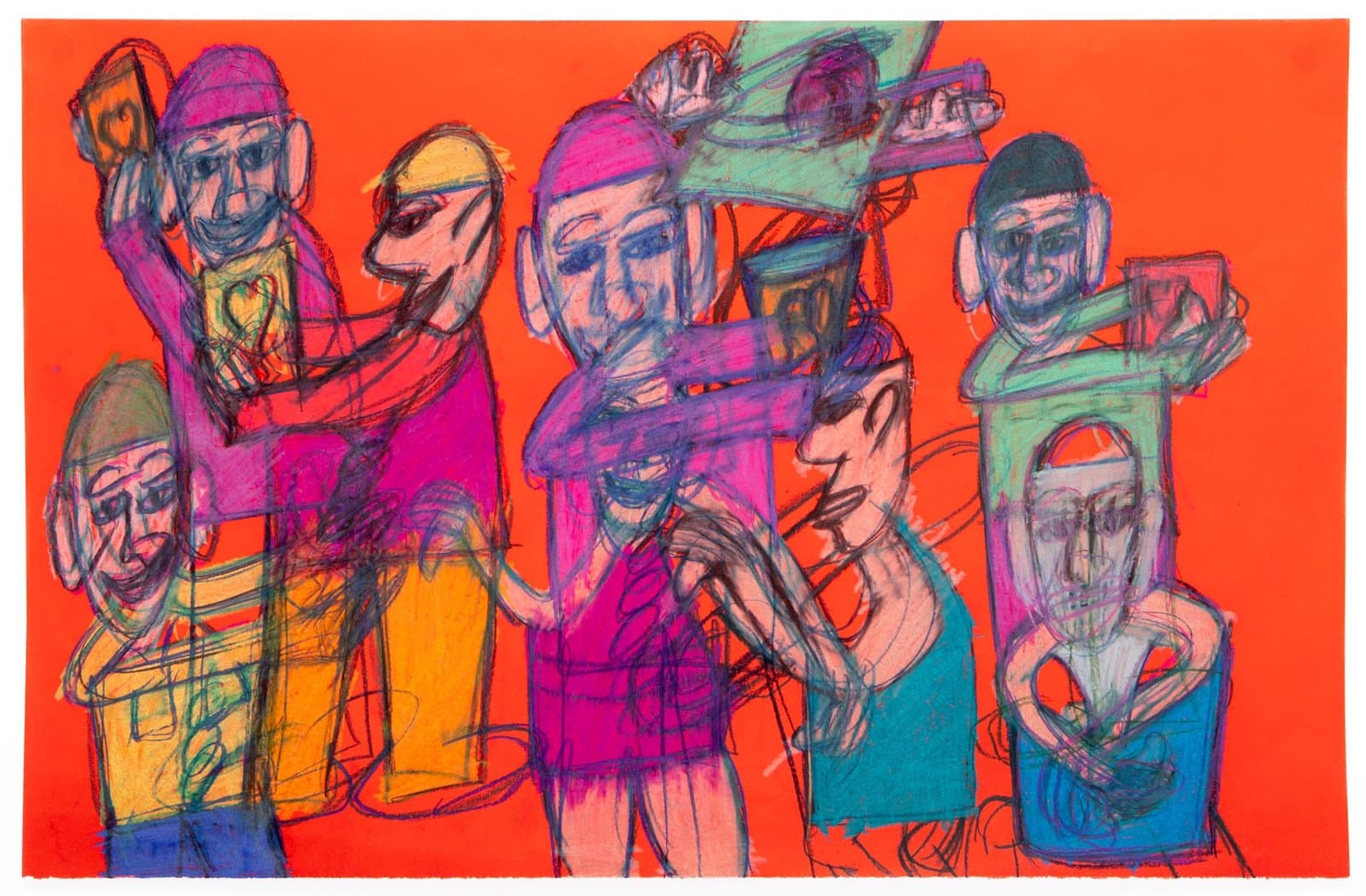 Figurative drawing in pastel showing multiple overlapping human figures in vibrant colors on bright orange paper.