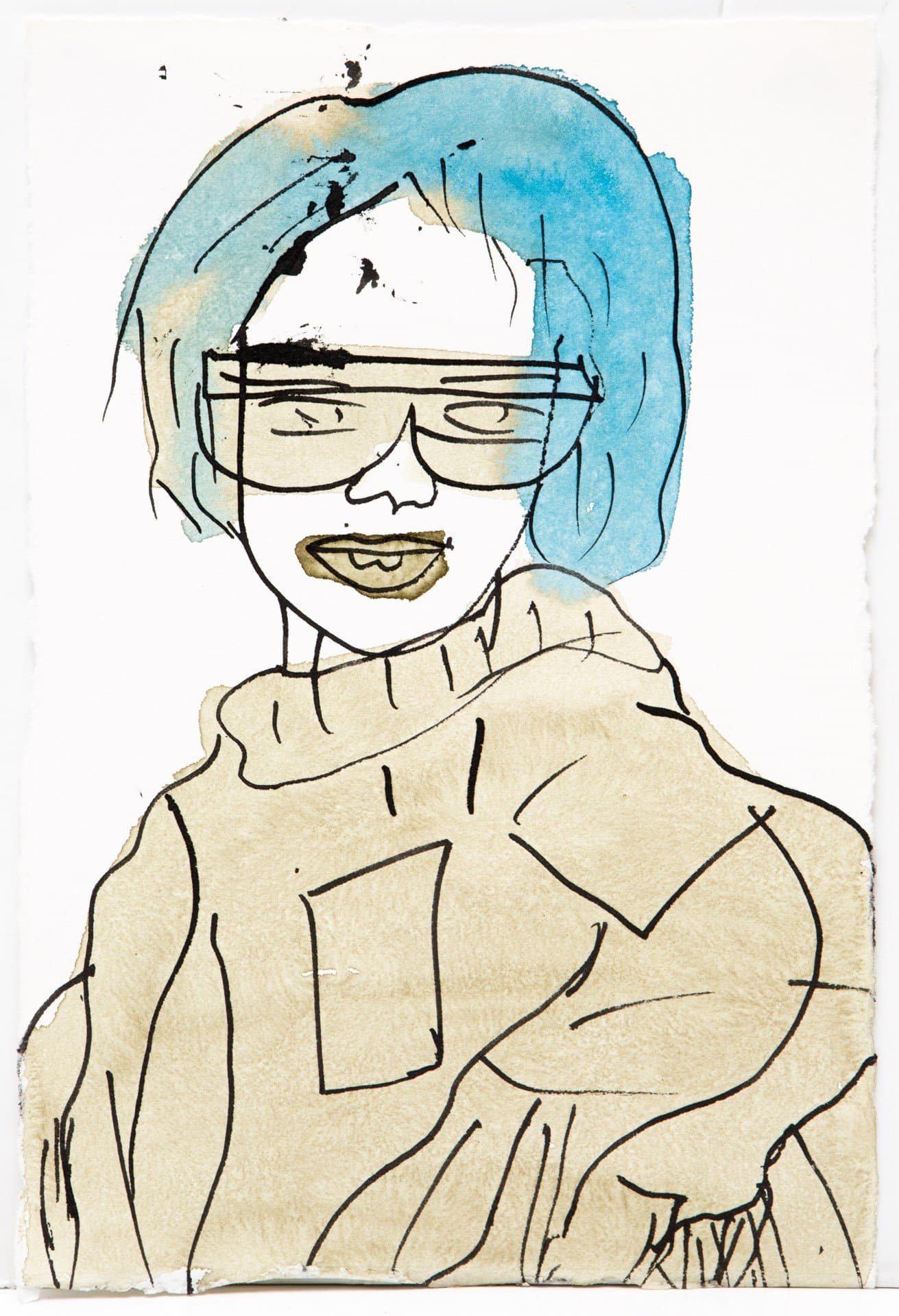 Portrait drawing in watercolor and ink showing a person with blue hair, glasses, and beige clothing on white paper.