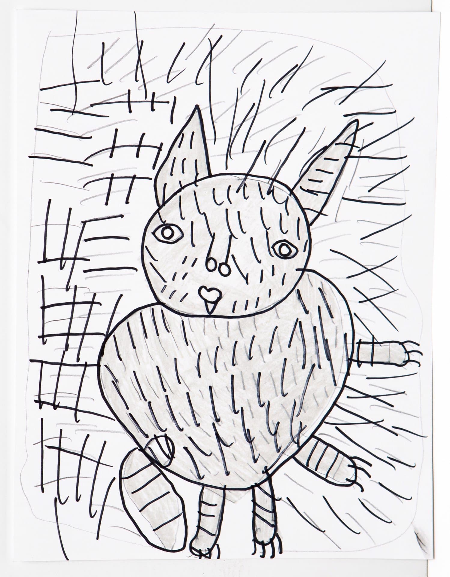Line drawing of a cat-like figure with horns in black pen on white paper with crosshatched background patterns.