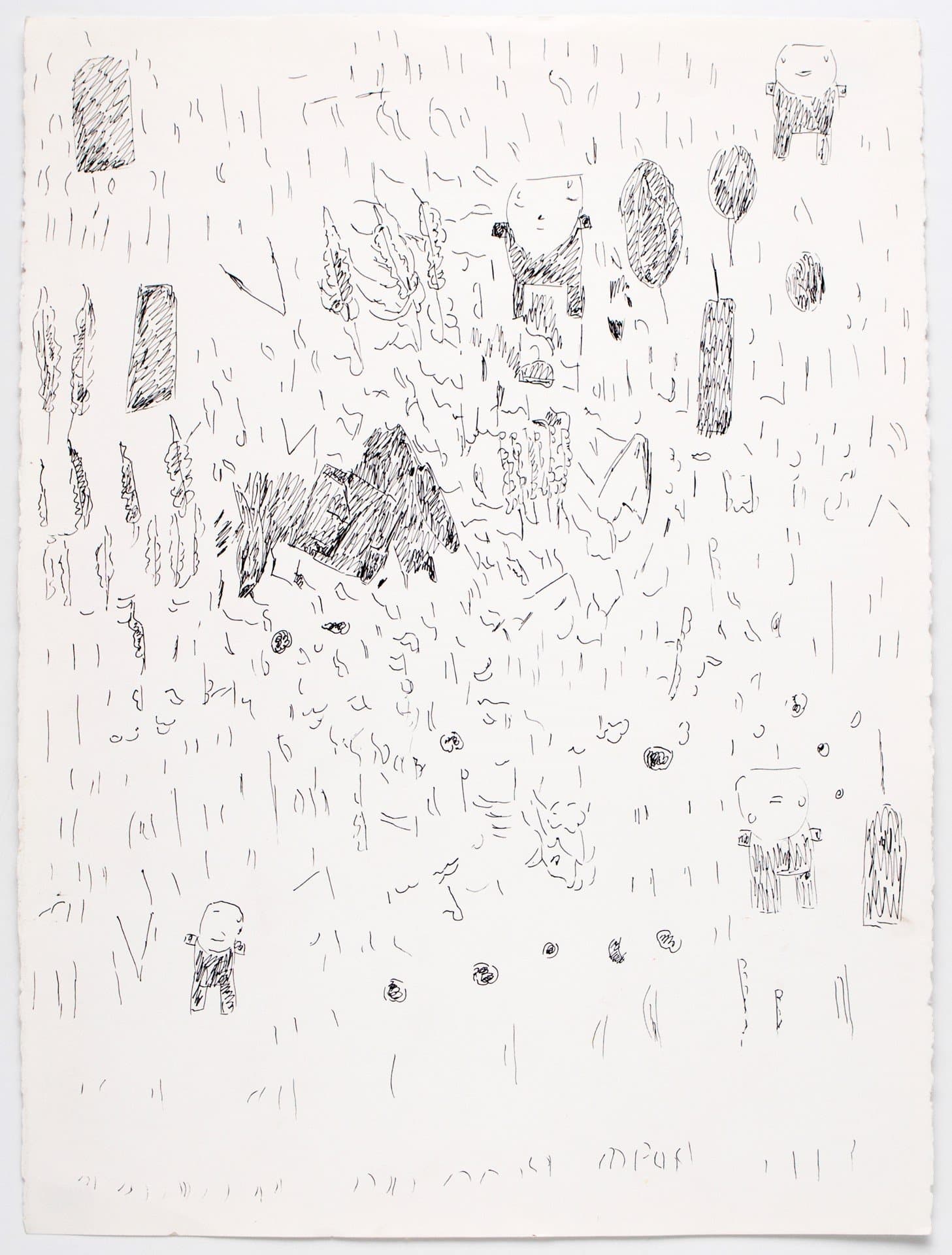 Pen drawing with scattered figurative and abstract elements including human-like forms and geometric shapes on white paper.
