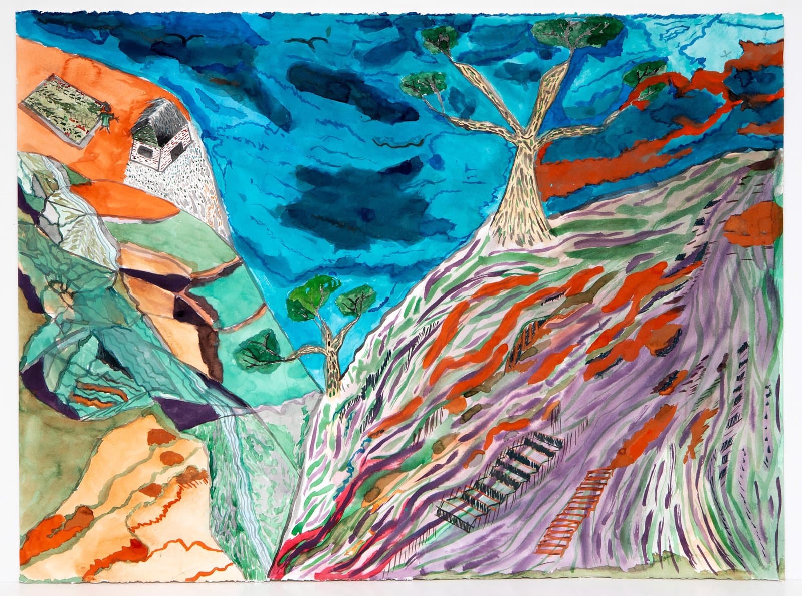 Watercolor painting depicting a vibrant landscape with flowing terrain, trees, and dramatic blue sky with birds