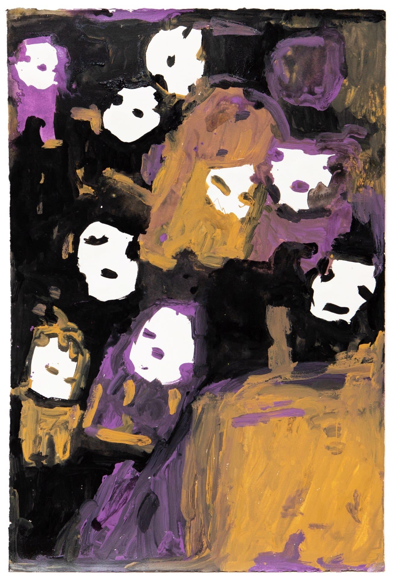 Abstract painting with white mask-like faces scattered across purple, black, and orange painted forms in acrylic on paper