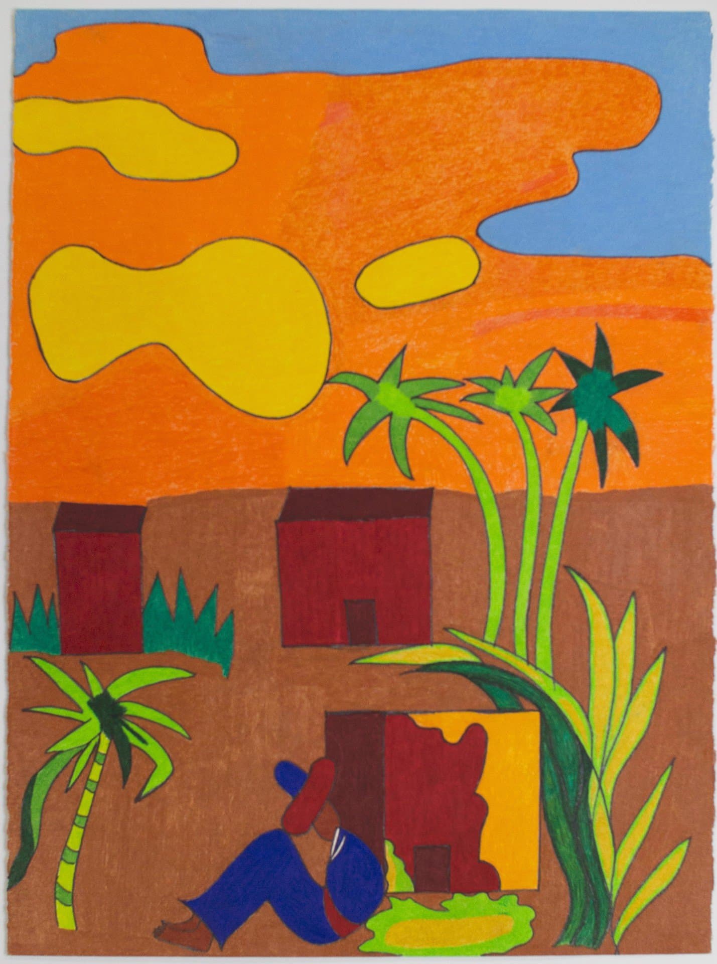 Colorful painting depicting tropical scene with palm trees, adobe buildings, and figure in blue against orange sky