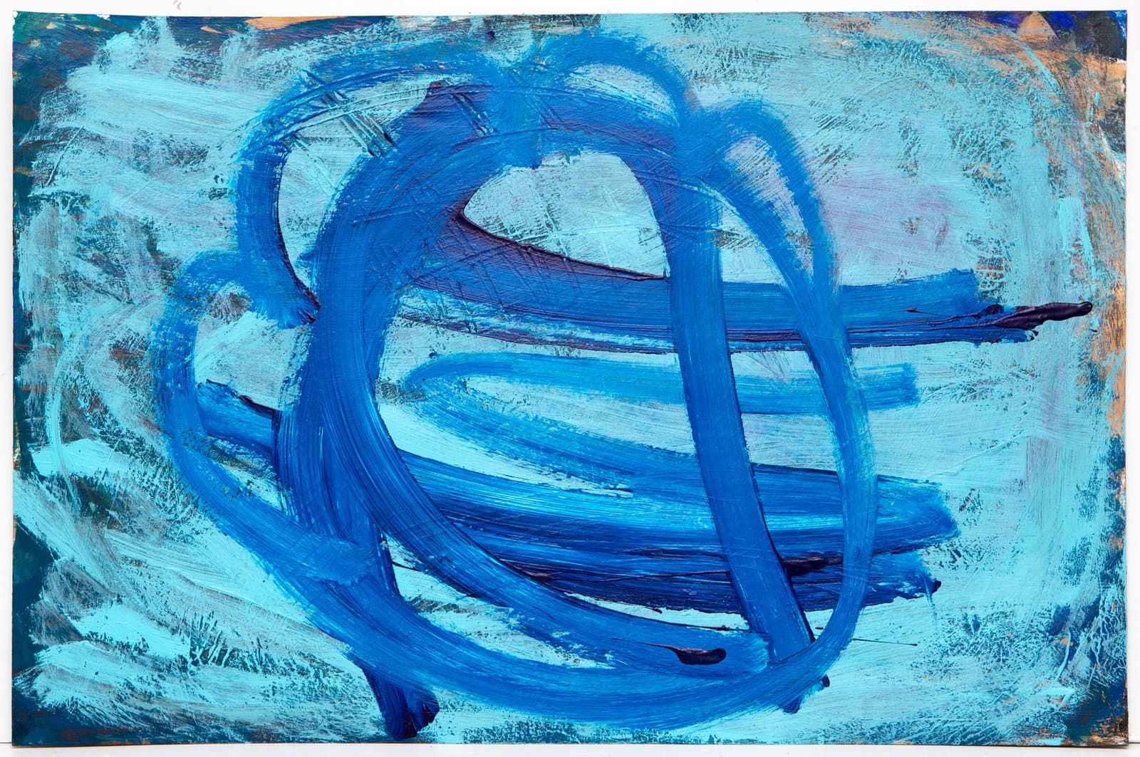 Abstract painting in acrylic with bold blue curved lines forming circular and linear patterns on light blue background.