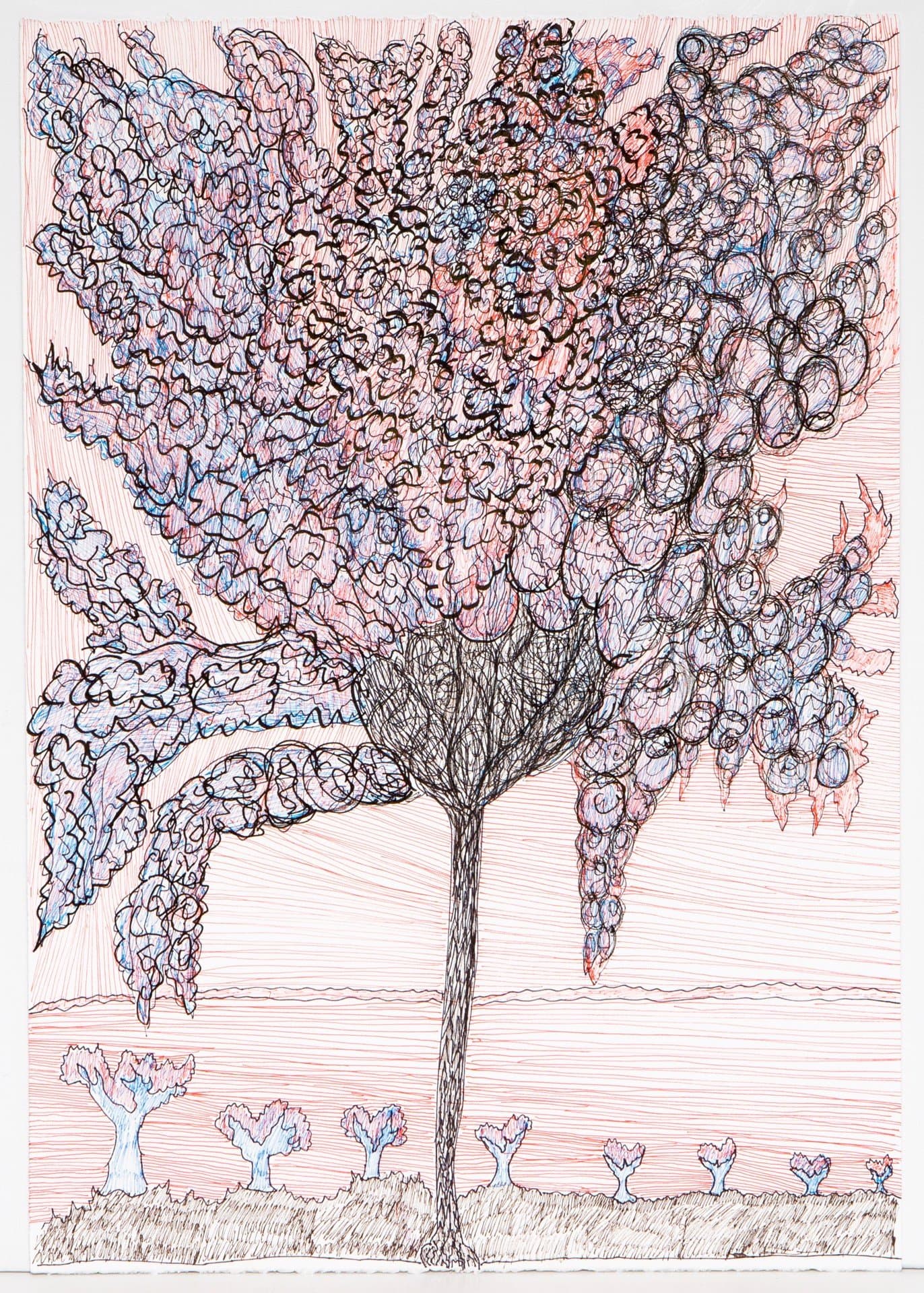 Pen drawing of a large tree with detailed circular foliage in blues, pinks, and blacks, with smaller trees below on lined paper.