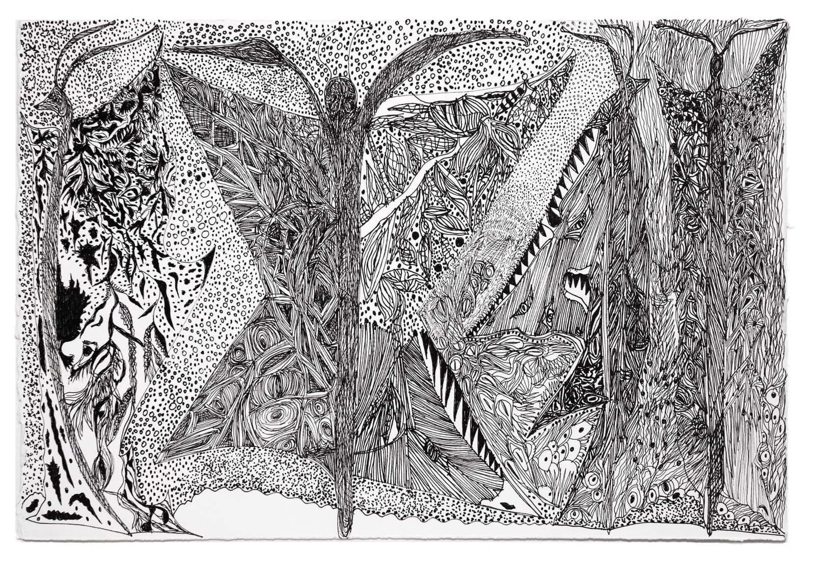 Black ink drawing on paper showing abstract organic forms with varied textures including dots, lines, and cross-hatching
