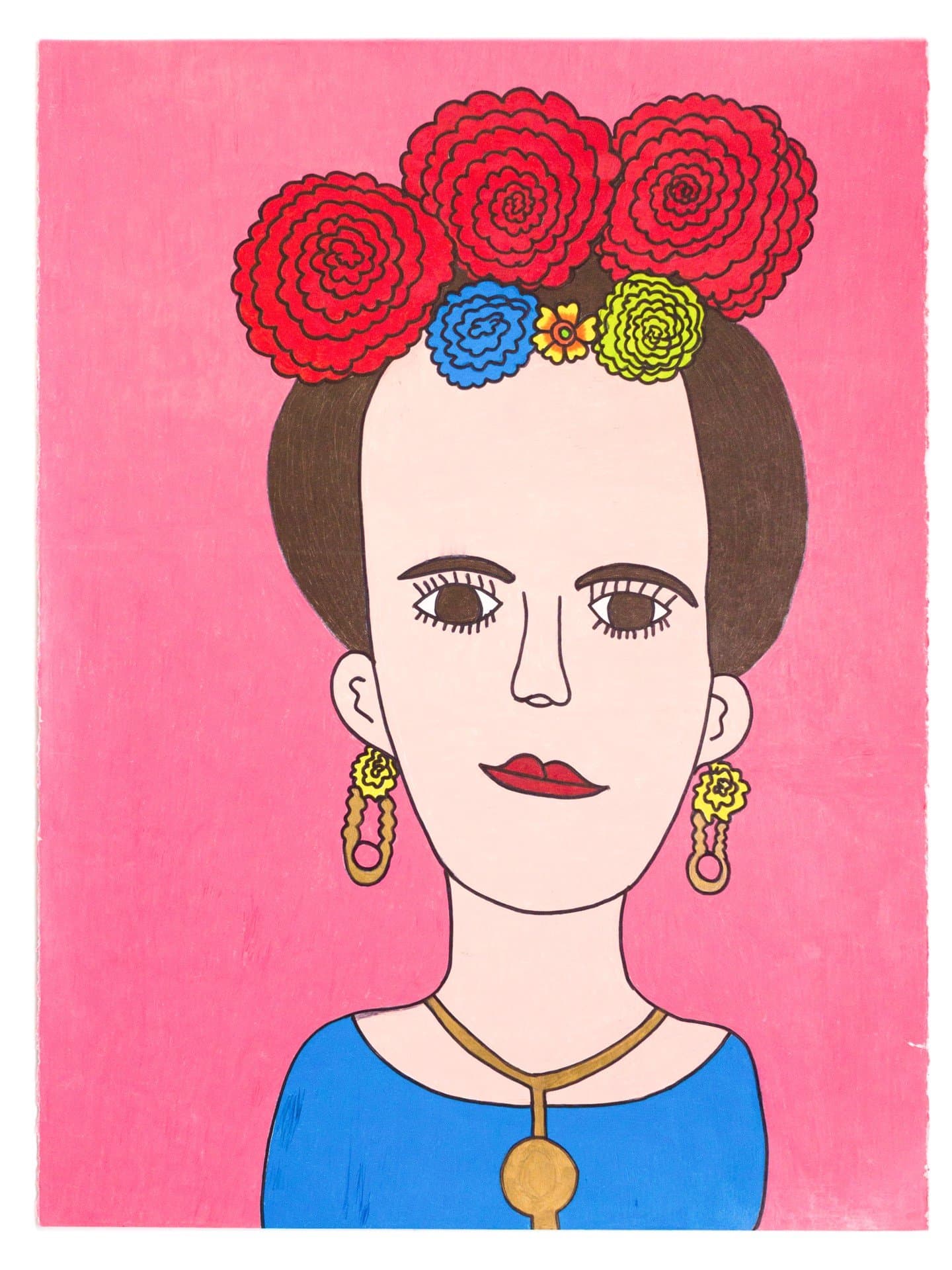 Stylized portrait painting of person with floral crown, pink background, bold colors and simplified forms