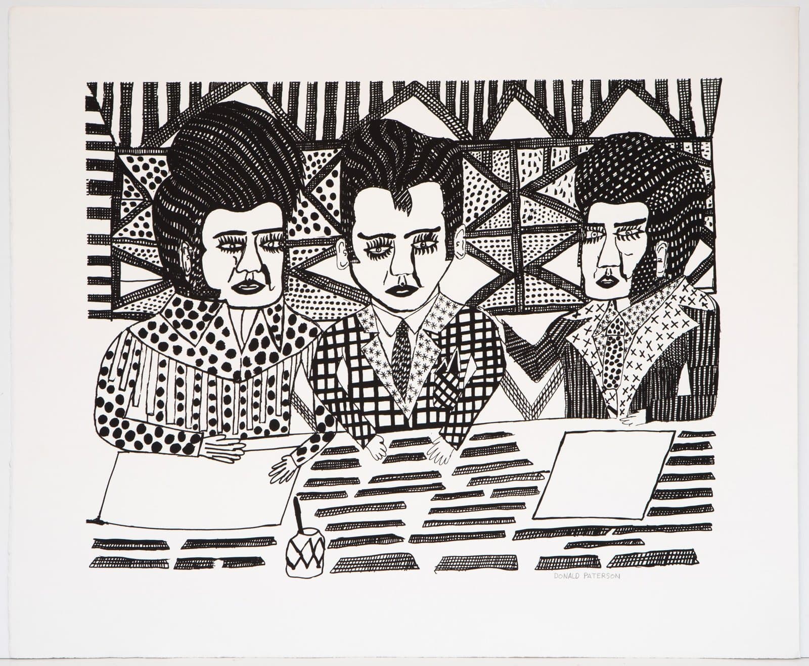 Black and white silkscreen depicting three figures seated at a table with geometric patterned clothing and background.