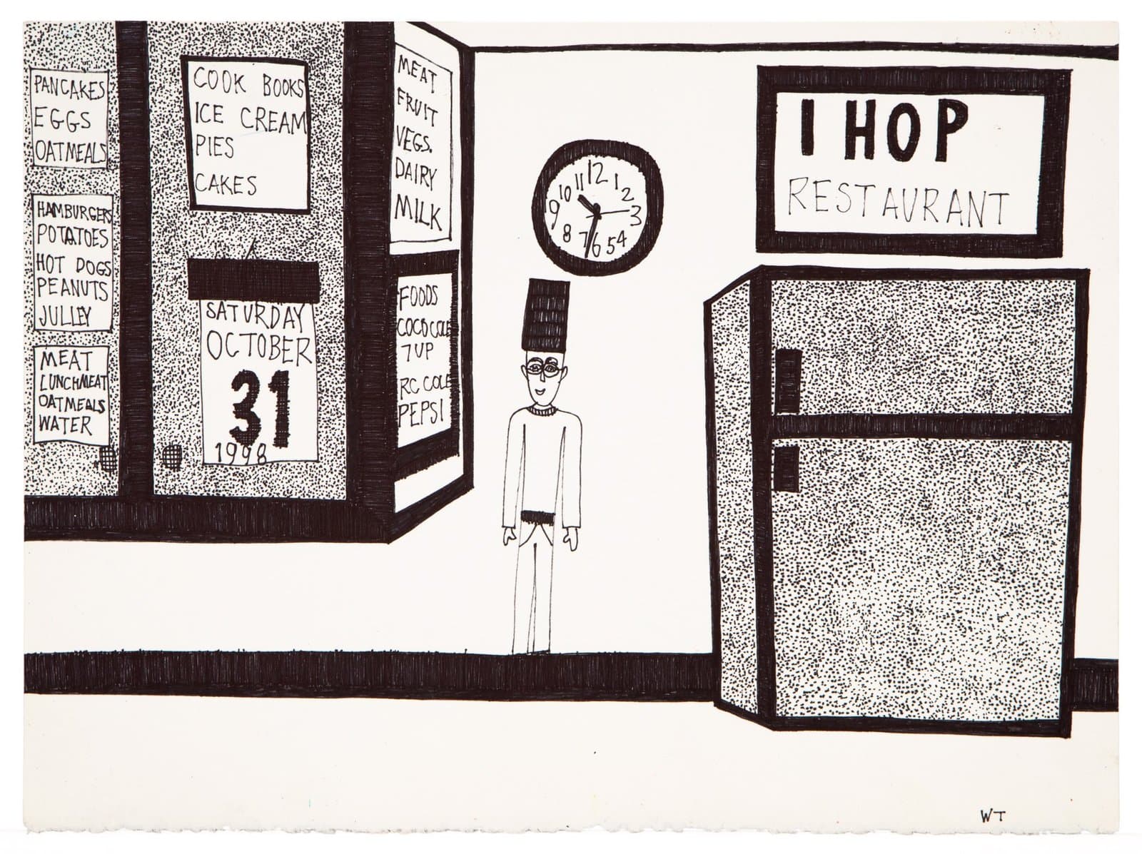 Black and white ink drawing of restaurant interior with figure, shelves, calendar, and IHOP sign