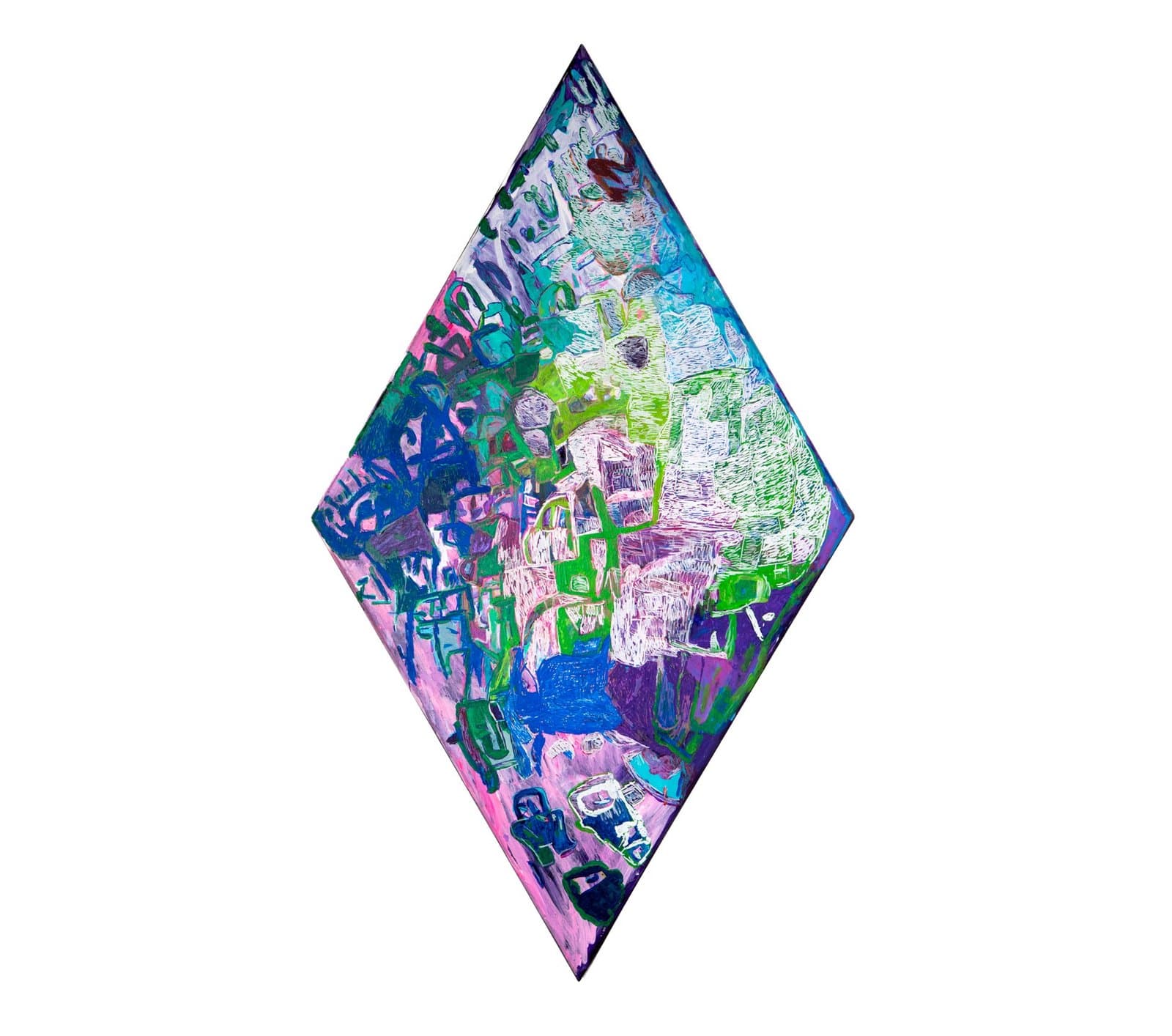 Diamond-shaped painting with dense abstract forms in bright green, pink, blue, and purple acrylic on canvas.