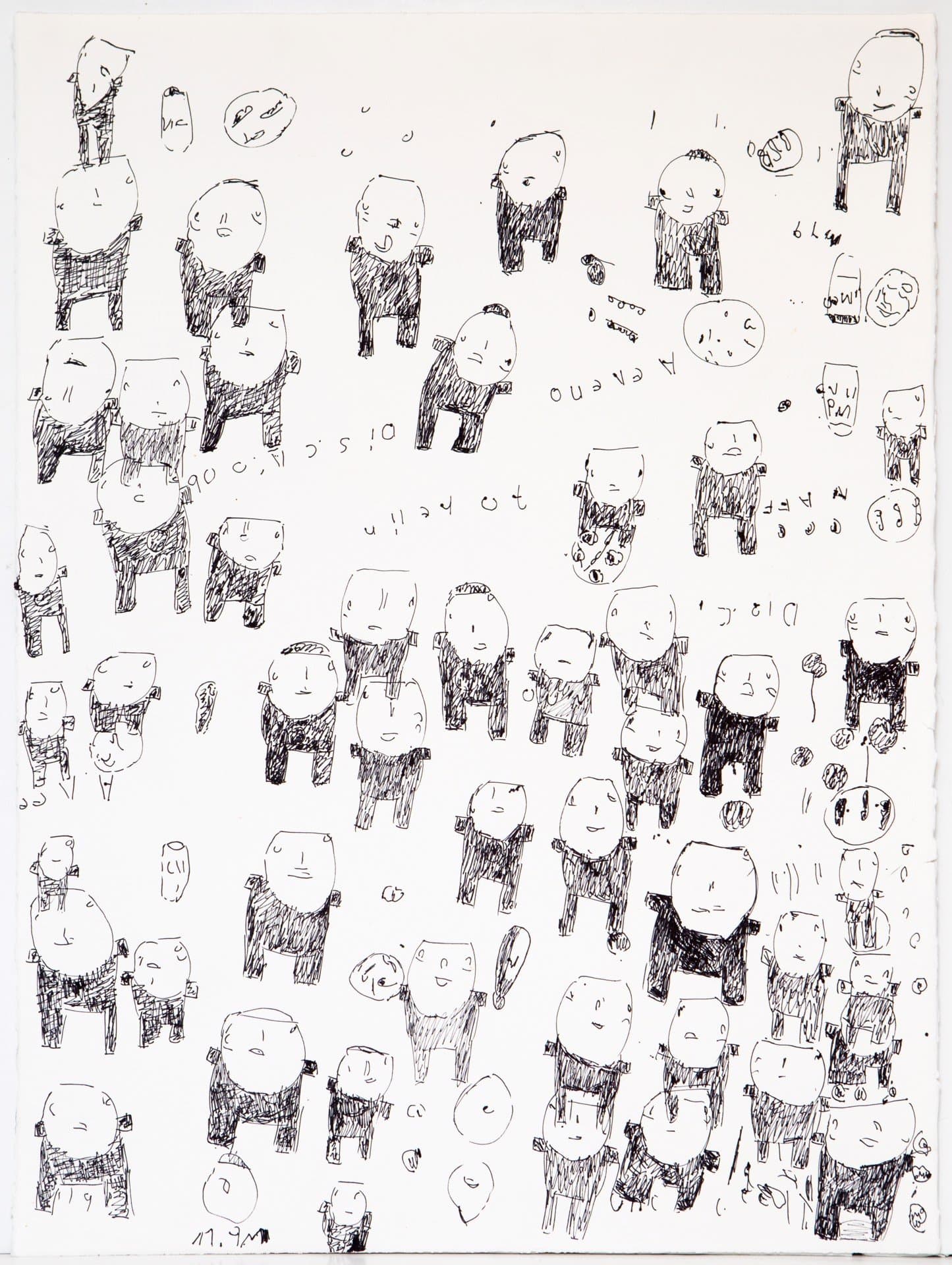 Ink drawing featuring dozens of repeated humanoid figures with round heads and rectangular bodies on white paper.
