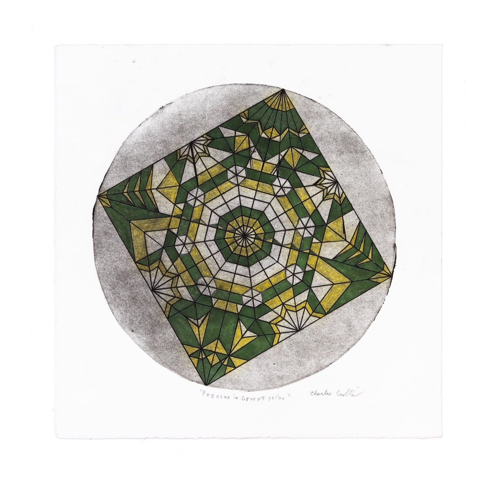 Hand-colored etching featuring geometric mandala pattern in green and yellow within circular gray border