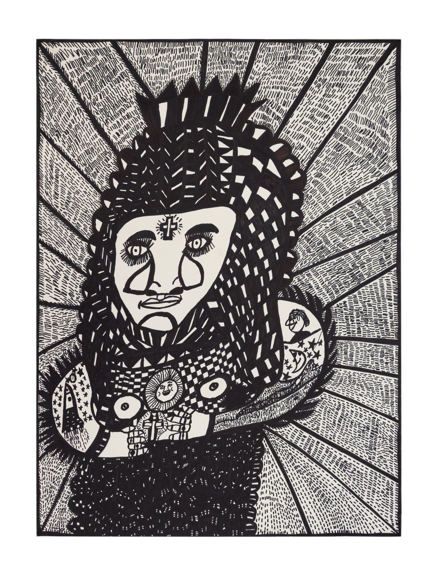 Black ink drawing on white paper showing a figure with ornate headdress surrounded by radiating lines