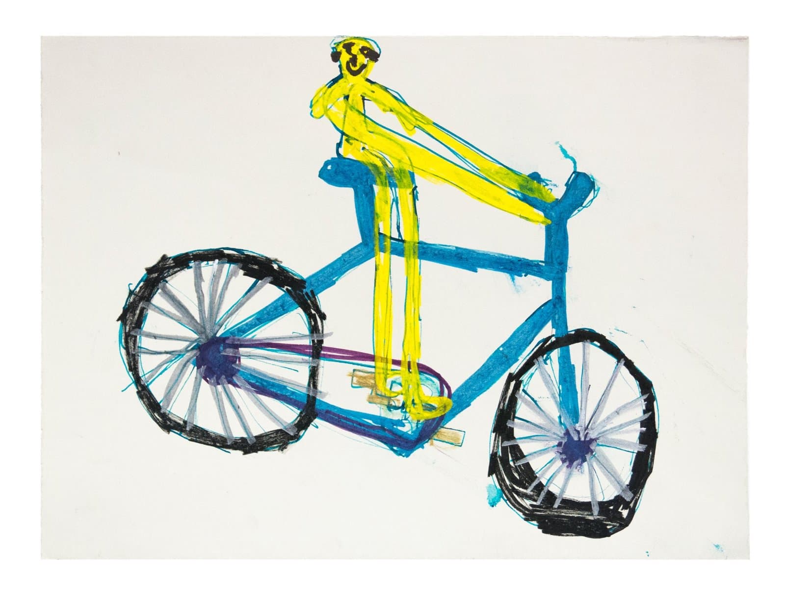 Drawing of a bicycle with figure, rendered in bright blue and yellow paint and ink on white paper