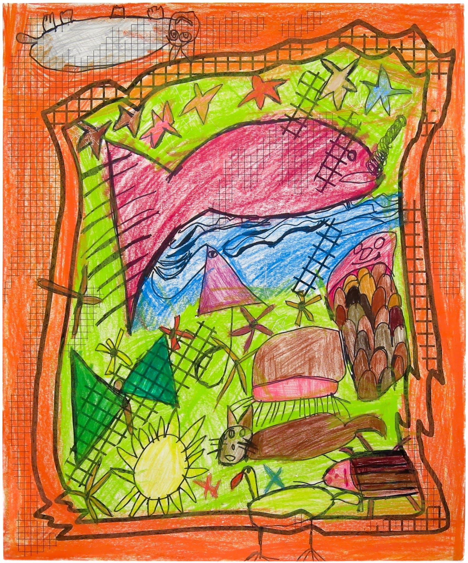 Mixed media drawing with vibrant orange background and central green composition featuring geometric shapes, figures, and crosshatch patterns.