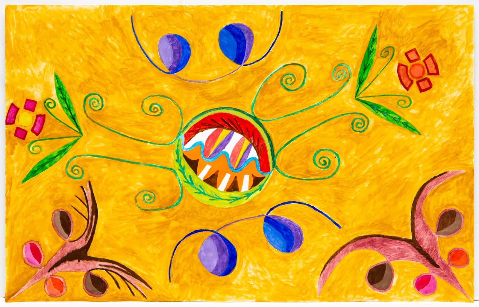 Watercolor painting with vibrant orange background featuring swirling green vines, blue circles, and geometric shapes