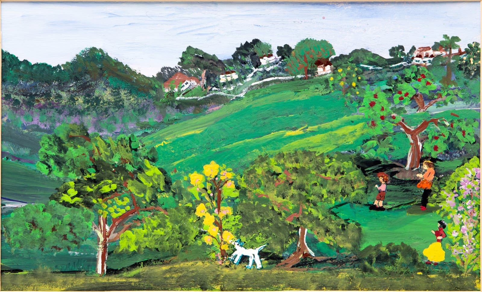 Landscape painting in acrylic showing rolling green hills with trees, houses, and small figures scattered throughout.